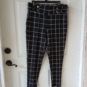 Harper Black Windowpane Skinny Pants with Gold Buttons